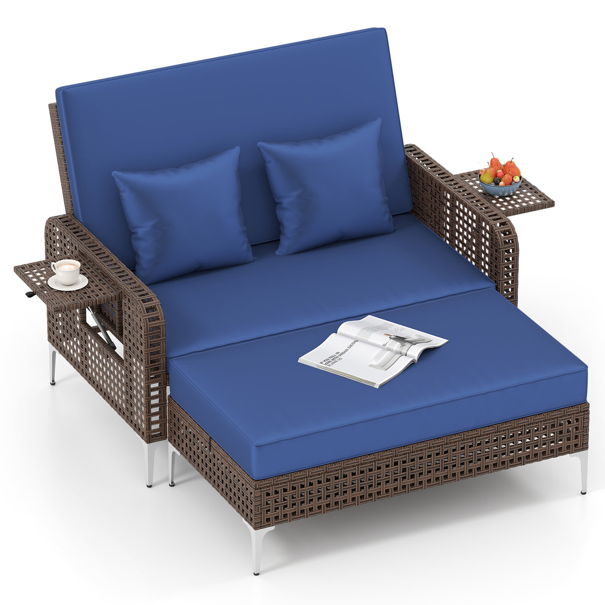 2 Piece Patio Rattan Daybed Wicker Loveseat and Ottoman with Adjustable Backrest