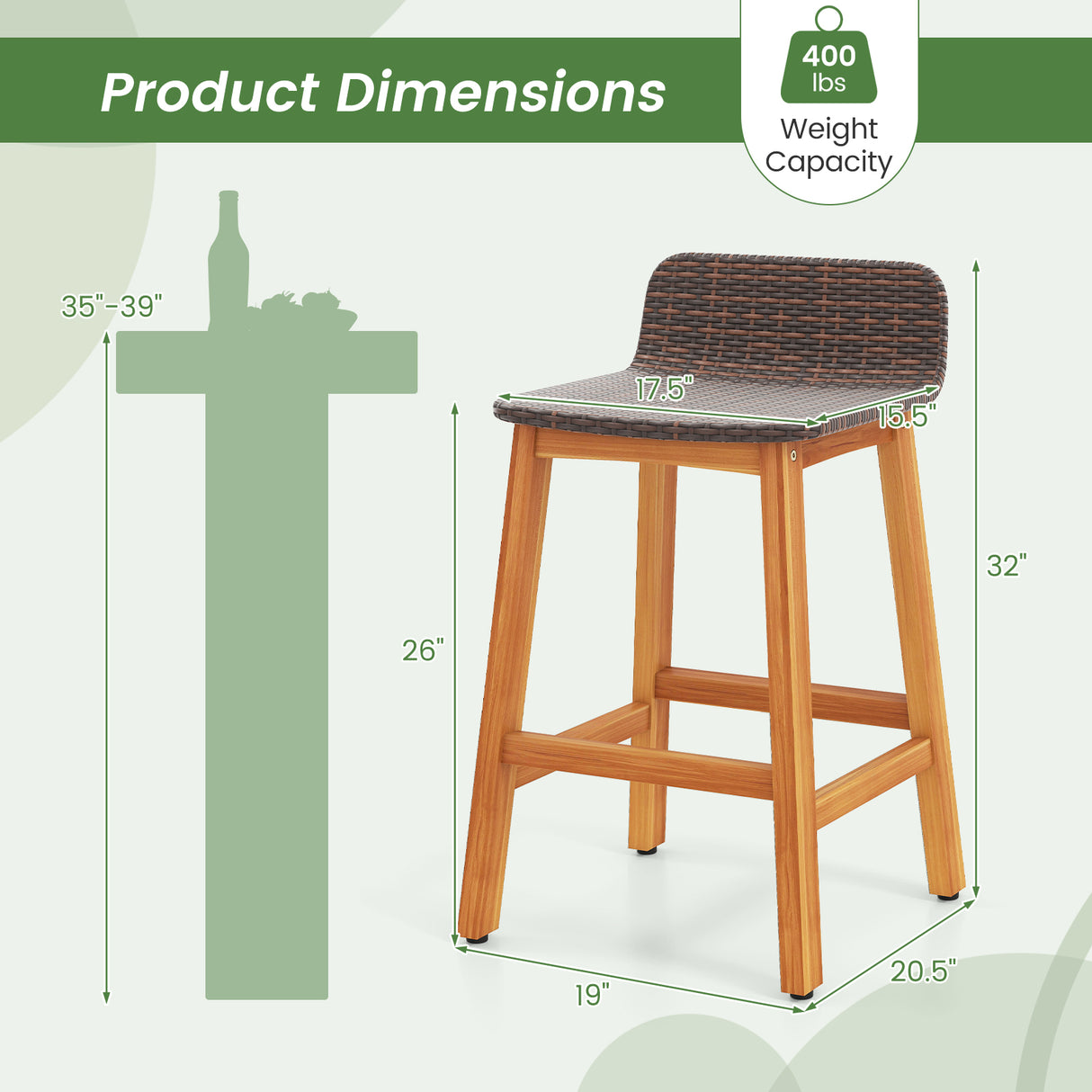 Solid Acacia Wood Bar Stools Set of 2 with Backrests and Footrests for Porch