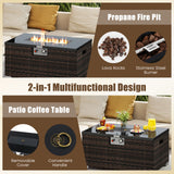 2-Piece Outdoor Rattan Fire Table Set 32 Inch Rectangle Gas Firepit with Tank Cover