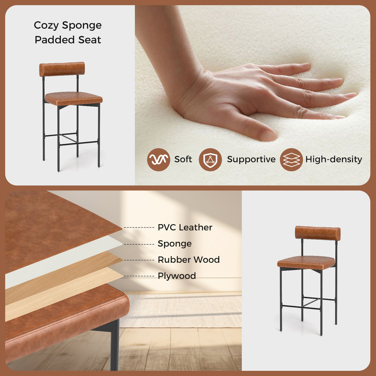 20 Inch Upholstered Bar Stools Set of 2 Counter Height Bar Chairs with  Backrest