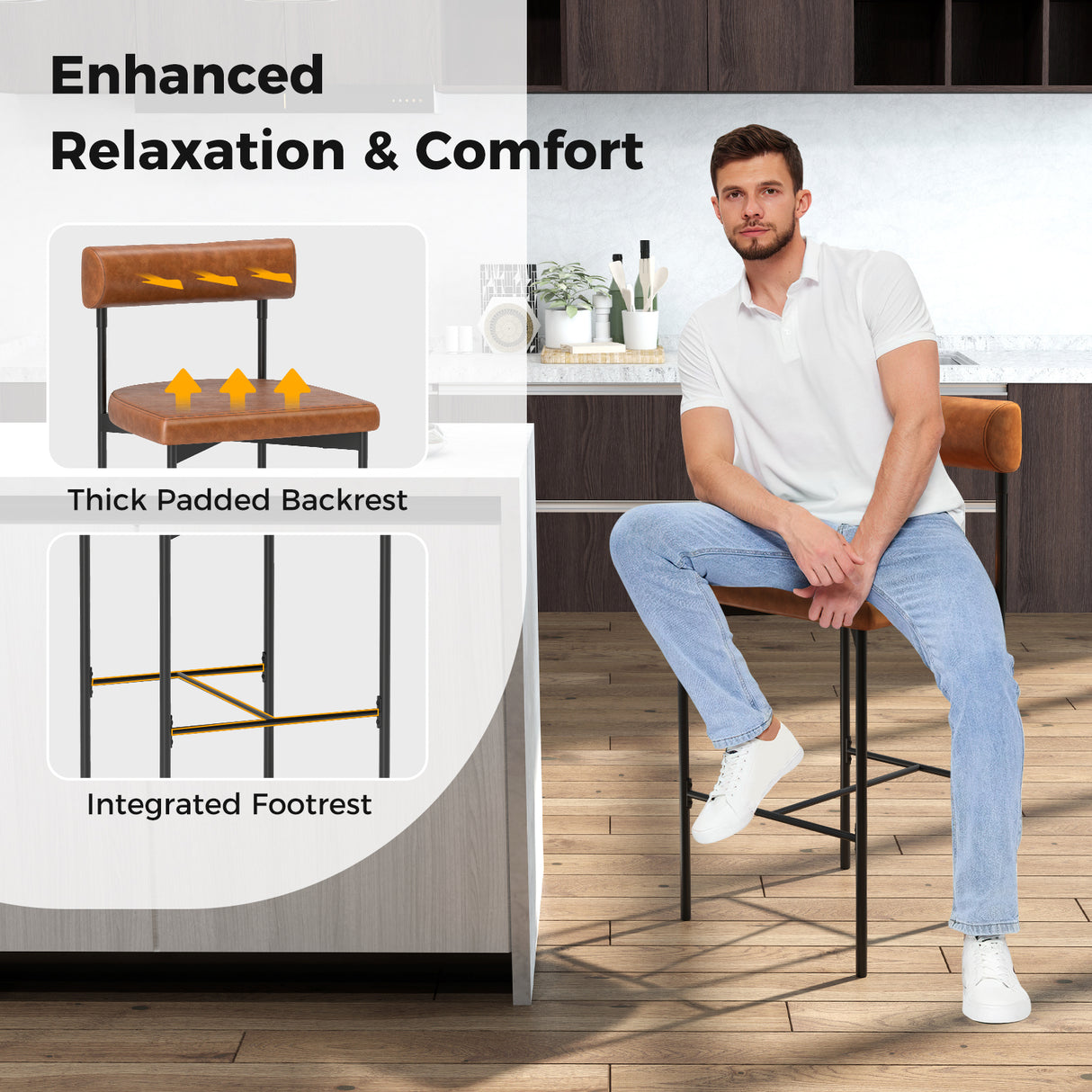 20 Inch Upholstered Bar Stools Set of 2 Counter Height Bar Chairs with  Backrest