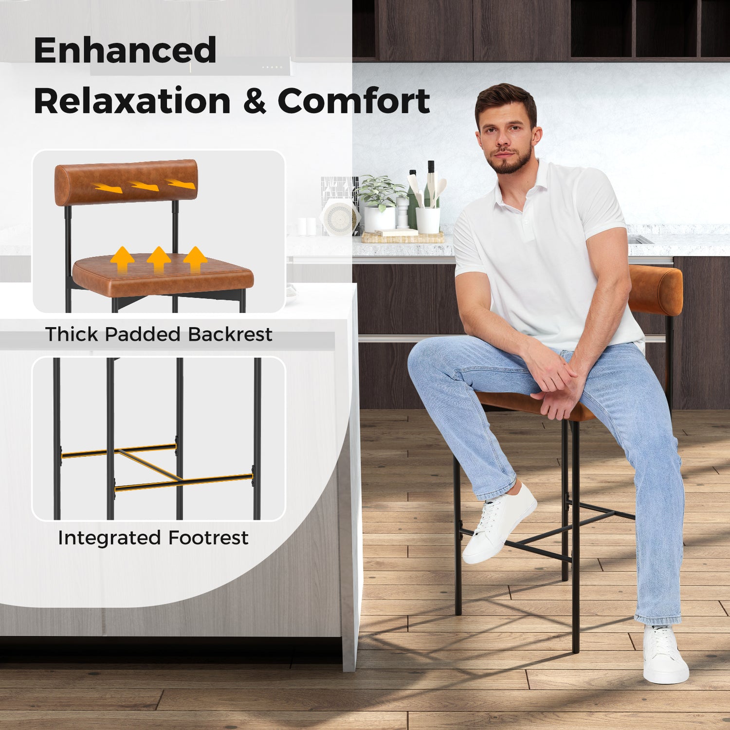 20 Inch Upholstered Bar Stools Set of 2 Counter Height Bar Chairs with  Backrest