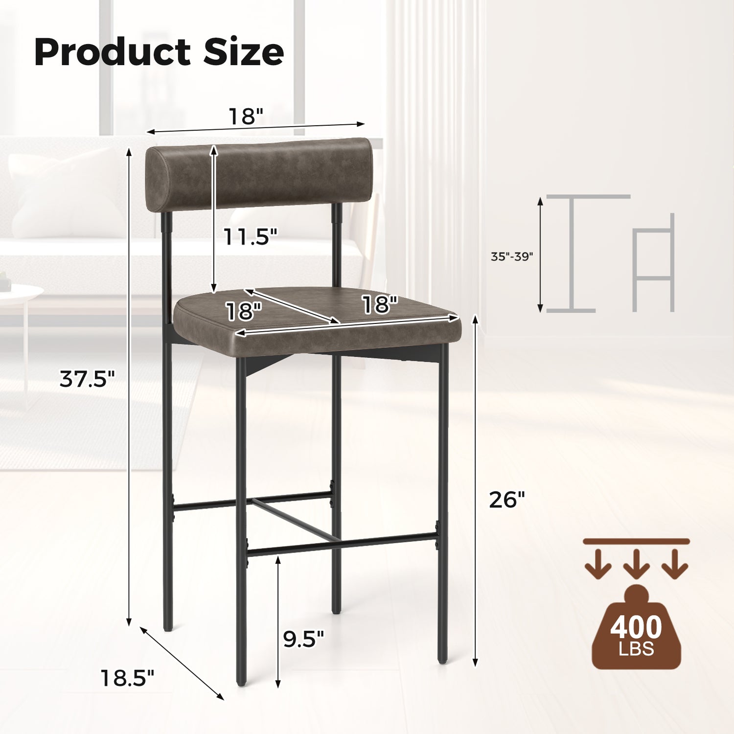 20 Inch Upholstered Bar Stools Set of 2 Counter Height Bar Chairs with  Backrest