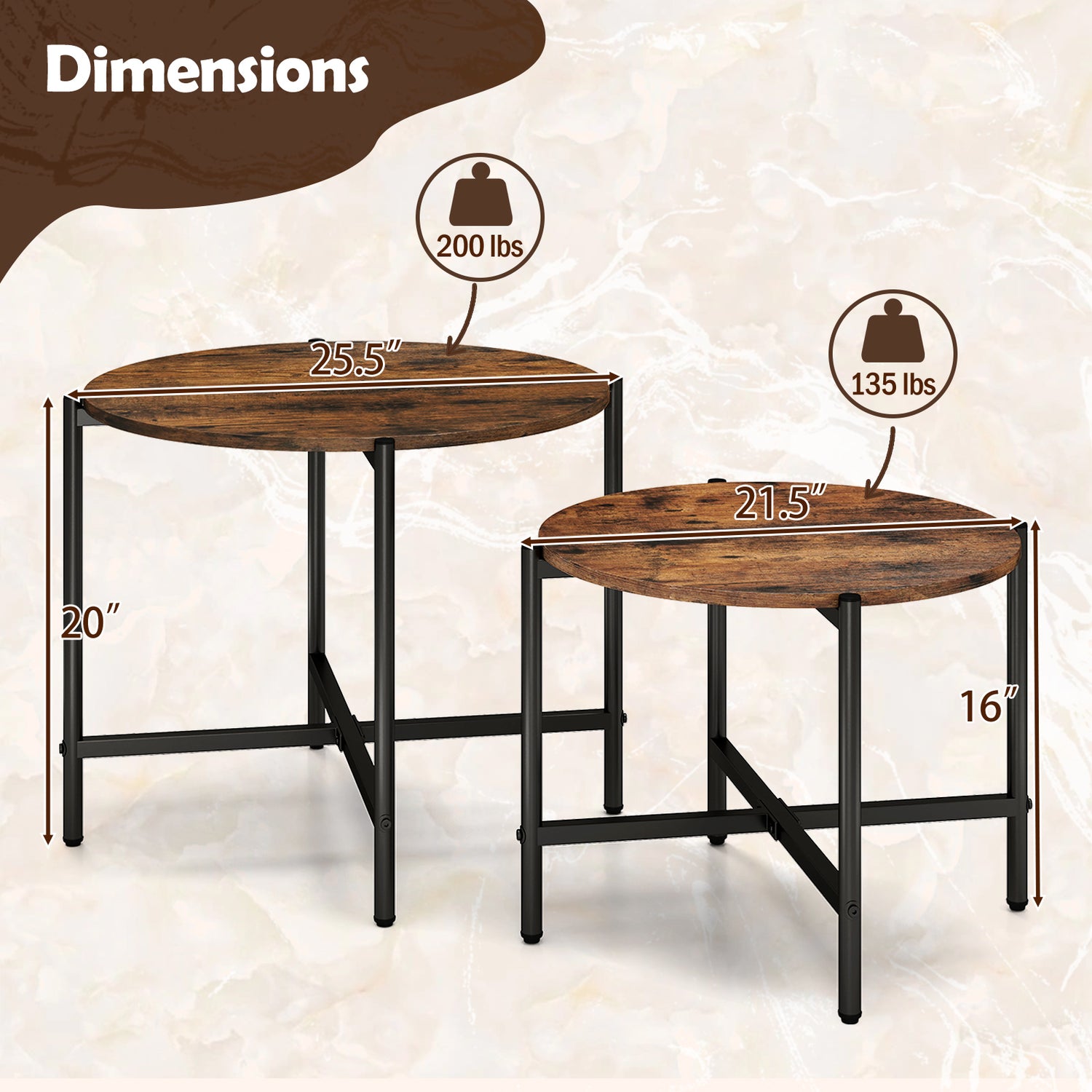 Round Coffee Table Set of 2 with Heavy-Duty Metal Frame