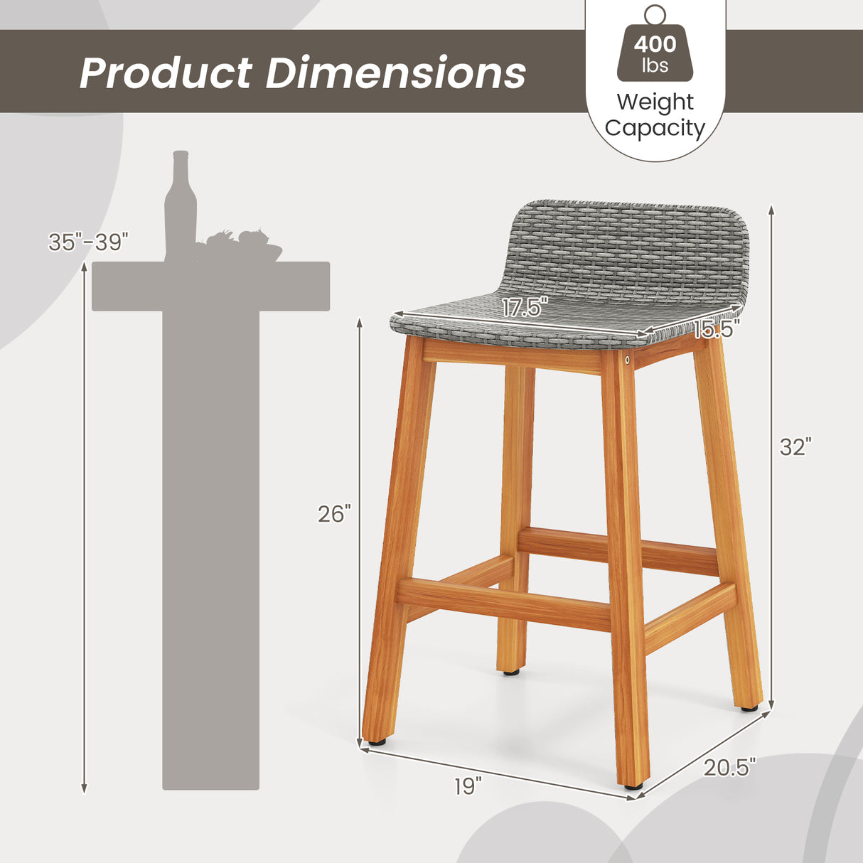 Solid Acacia Wood Bar Stools Set of 2 with Backrests and Footrests for Porch