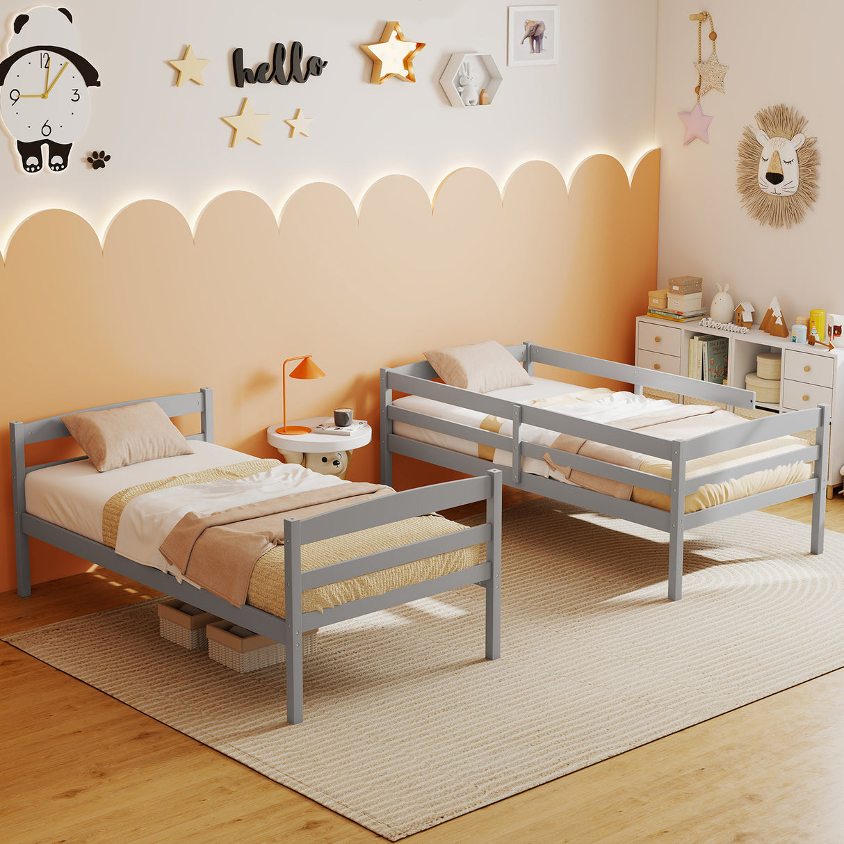 Solid Wood Twin Over Twin Bunk Bed Frame with High Guardrails and Integrated Ladder