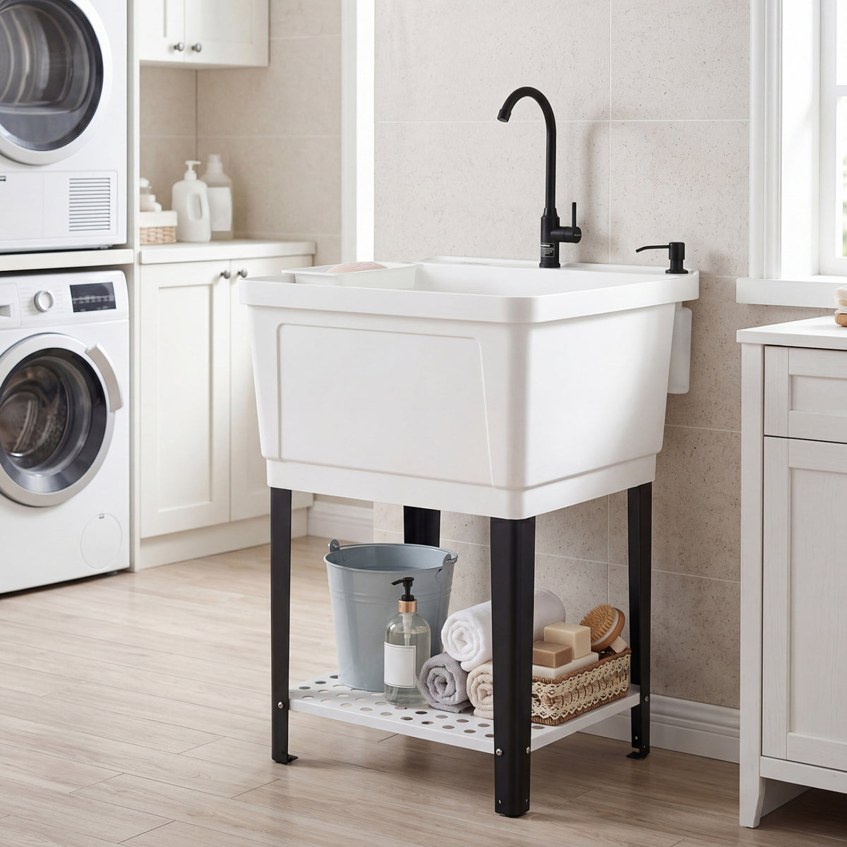 Utility Sink Laundry Tub with Rotating Faucet and Adjustable Legs