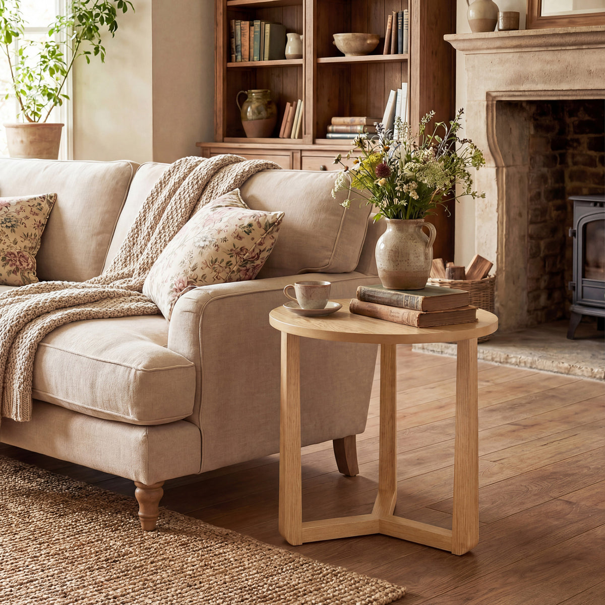 Round Side Table Farmhouse End Table with Sturdy Rubber Wood Legs and Triangular Structure