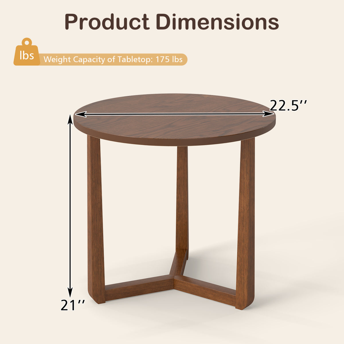 Round Side Table Farmhouse End Table with Sturdy Rubber Wood Legs and Triangular Structure