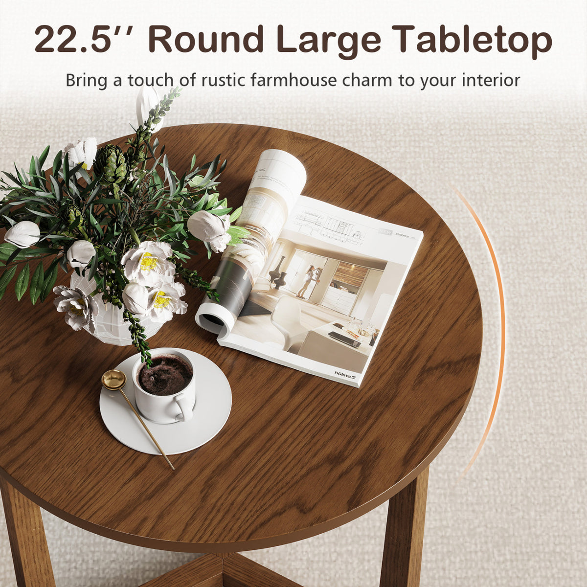Round Side Table Farmhouse End Table with Sturdy Rubber Wood Legs and Triangular Structure