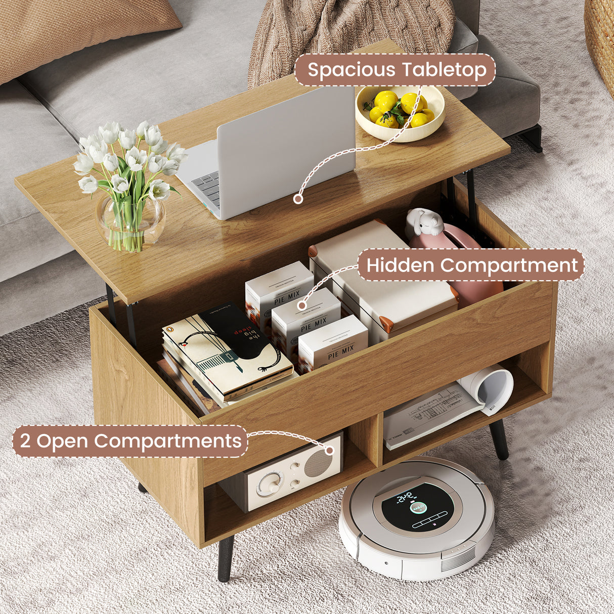 31.5 Inch Lift Top Coffee Table with Hidden Compartment and 2 Storage Shelves