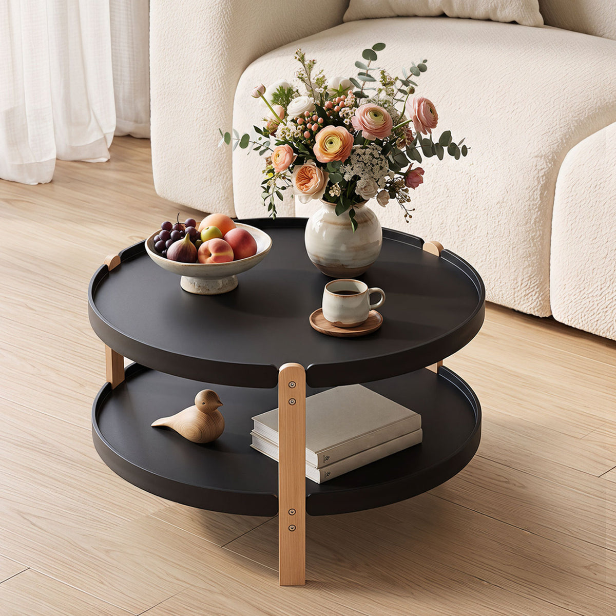 23.5" 2-Tier Round Coffee Table with Solid Wood Legs and Open Storage Shelf