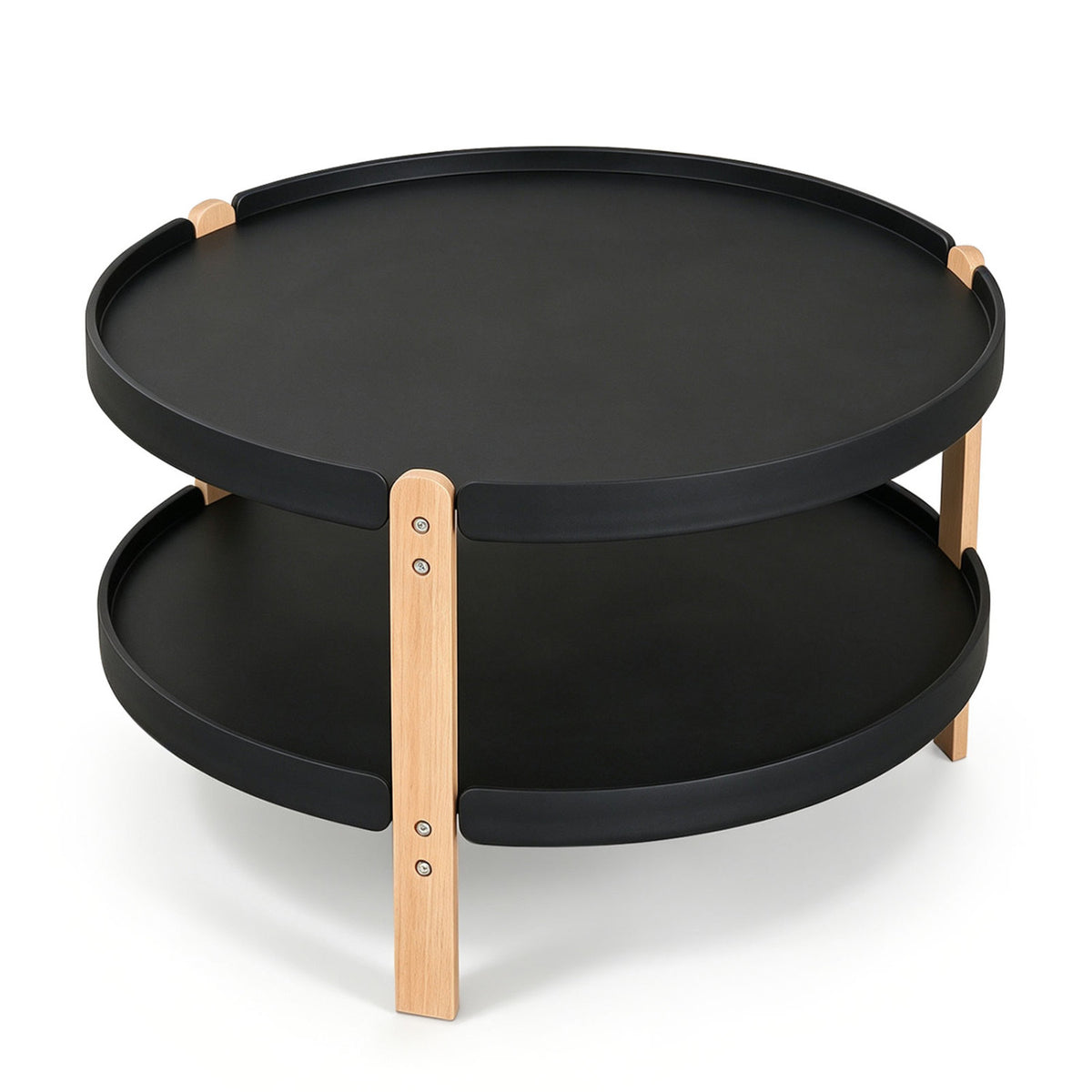 23.5" 2-Tier Round Coffee Table with Solid Wood Legs and Open Storage Shelf