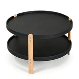 23.5" 2-Tier Round Coffee Table with Solid Wood Legs and Open Storage Shelf