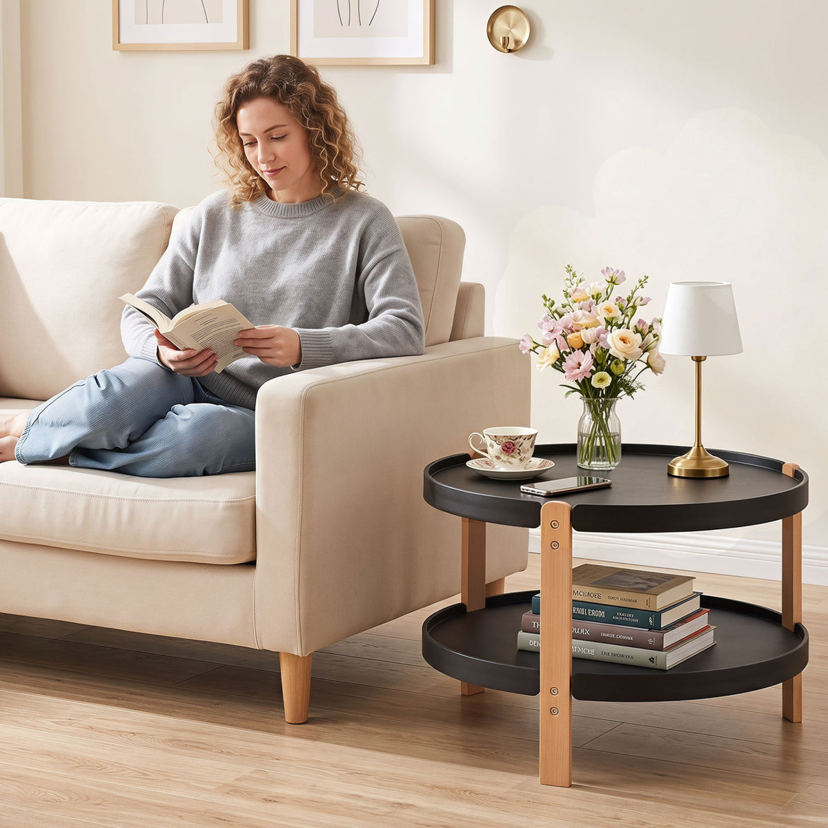 23.5" 2-Tier Round Coffee Table with Solid Wood Legs and Open Storage Shelf