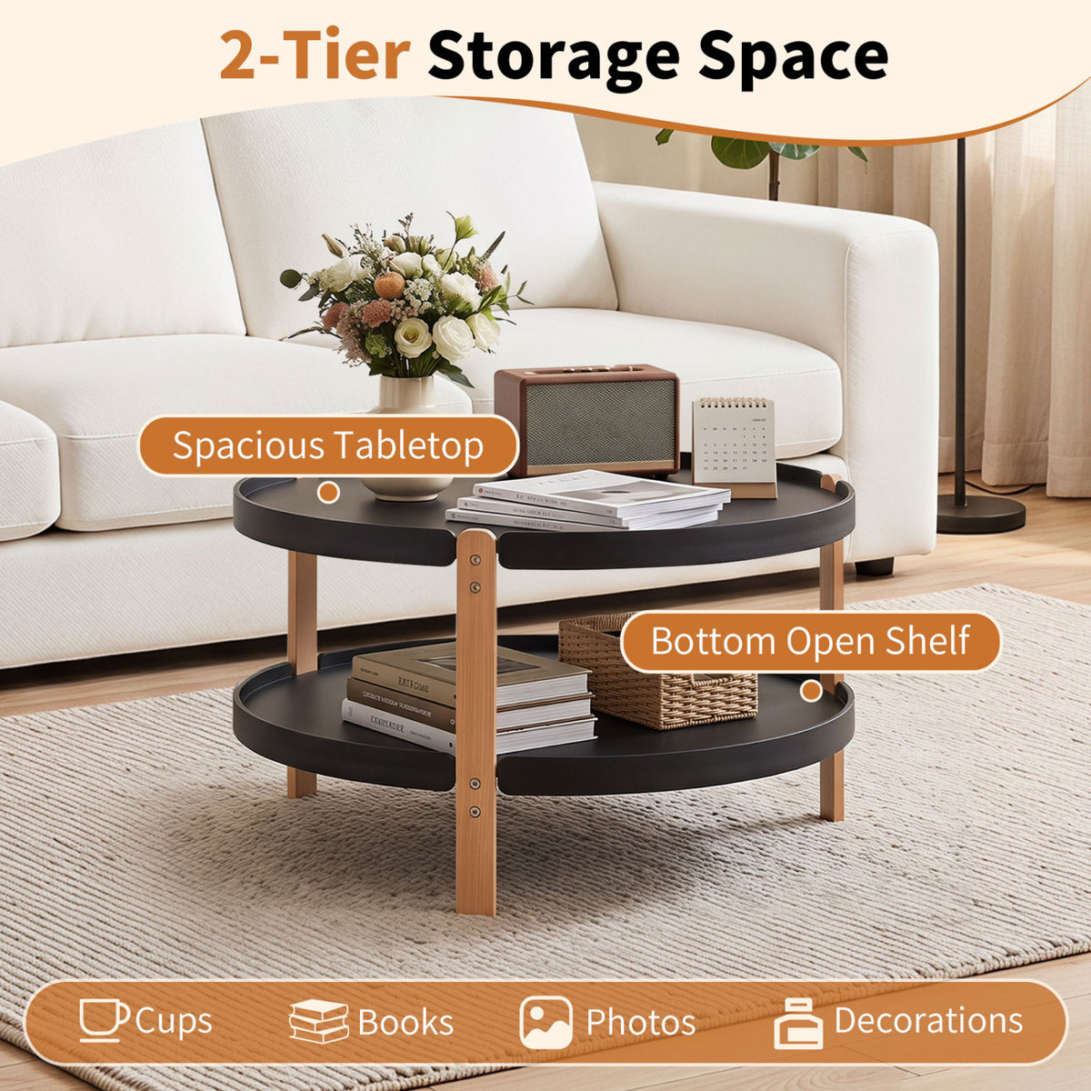 23.5" 2-Tier Round Coffee Table with Solid Wood Legs and Open Storage Shelf
