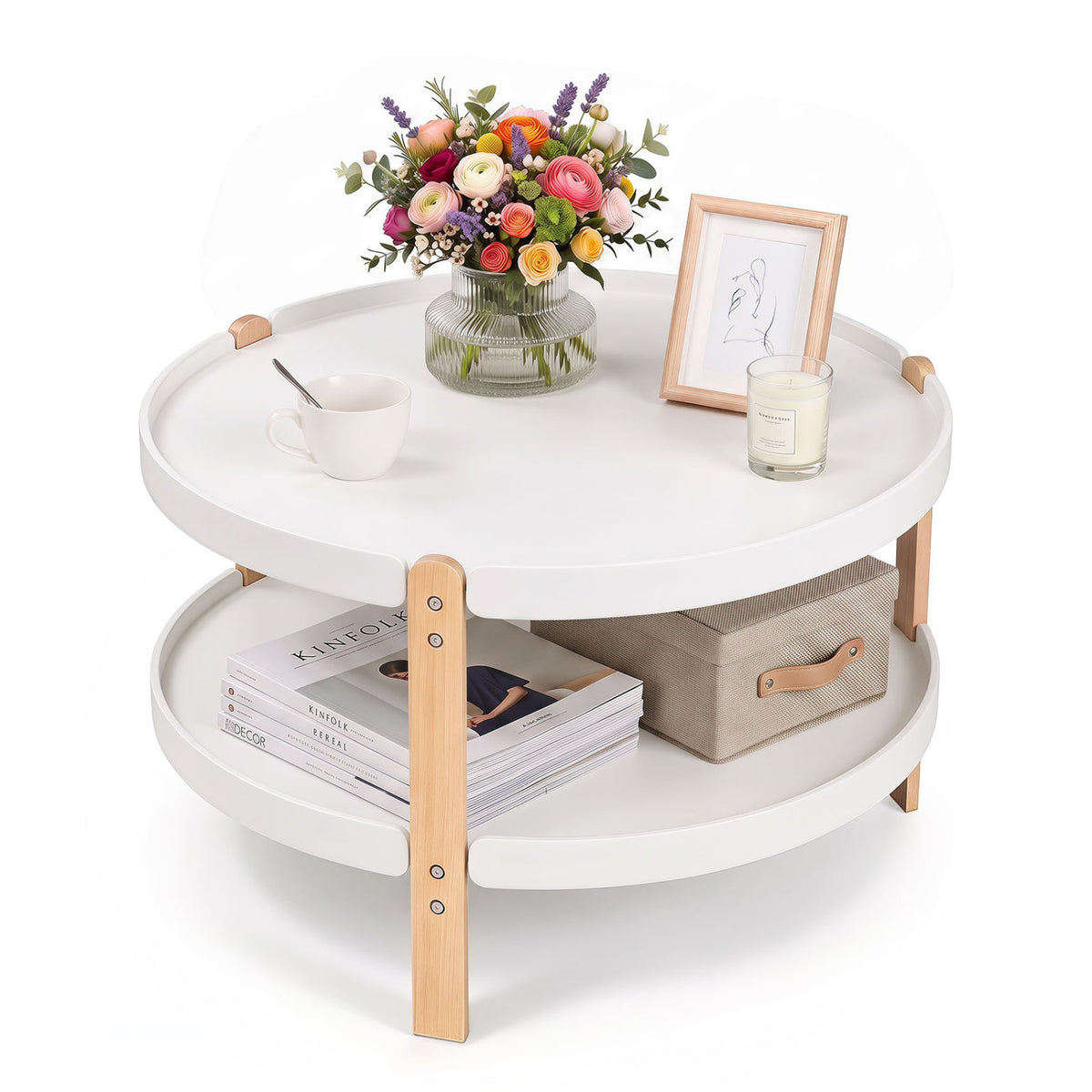 23.5" 2-Tier Round Coffee Table with Solid Wood Legs and Open Storage Shelf