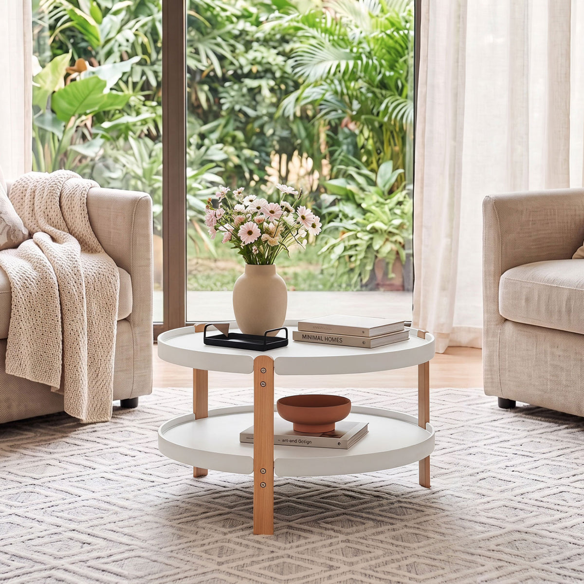 23.5" 2-Tier Round Coffee Table with Solid Wood Legs and Open Storage Shelf