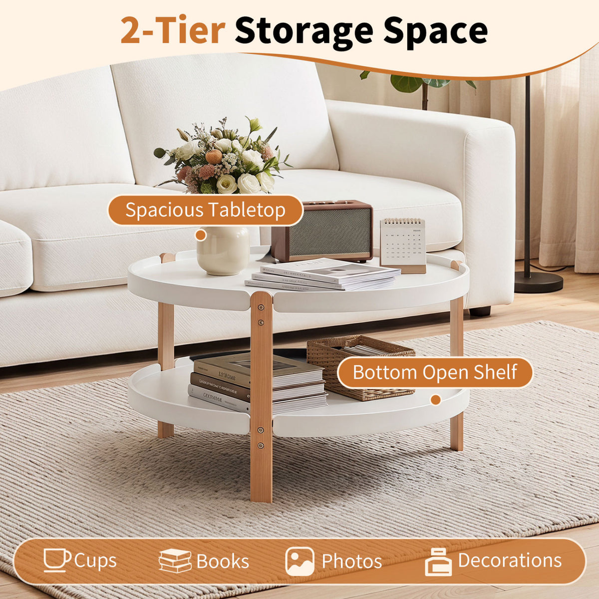 23.5" 2-Tier Round Coffee Table with Solid Wood Legs and Open Storage Shelf