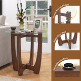 23.5 Inch Round End Side Table Set of 2 with Tempered Glass Tabletop-Walnut