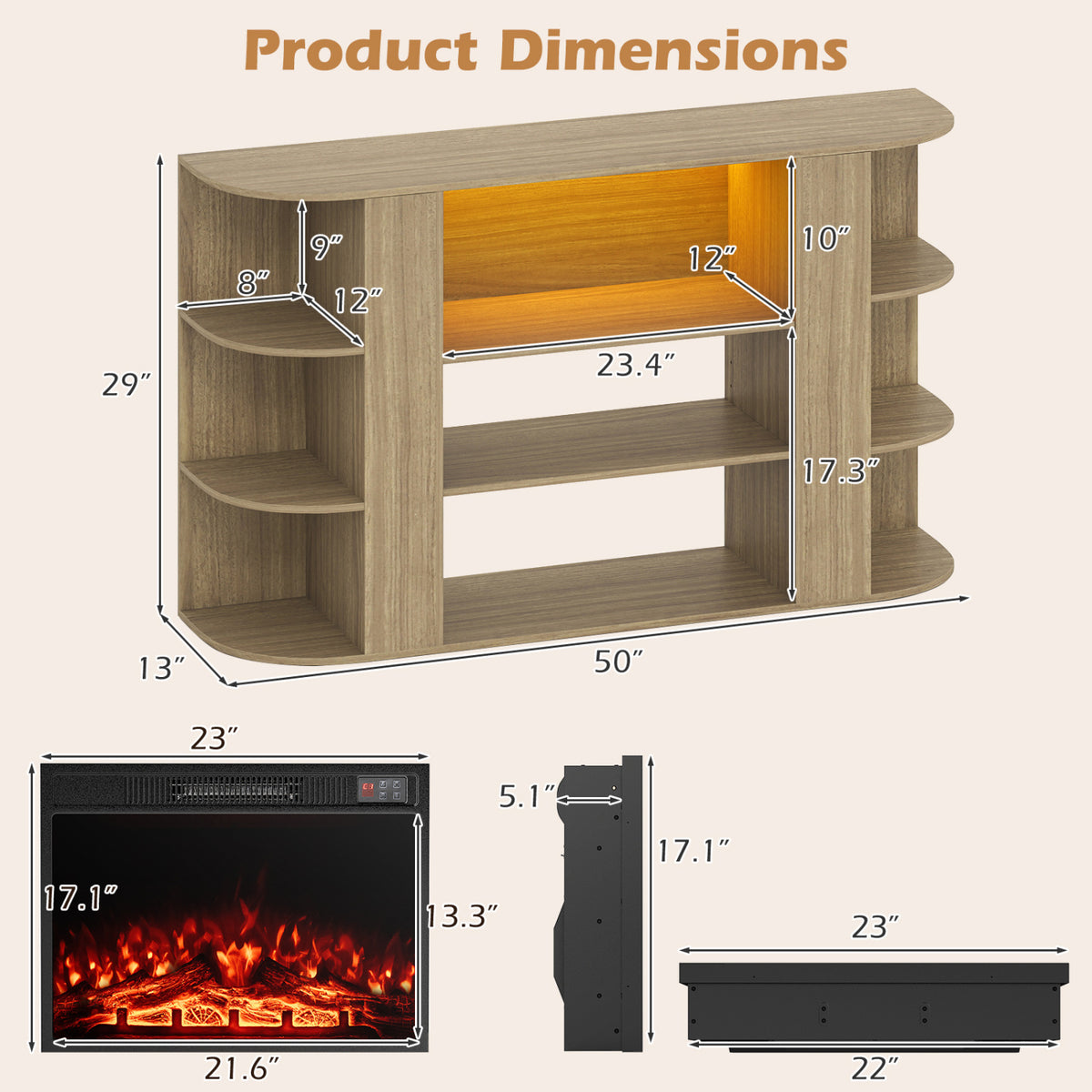 23â Electric Fireplace and 50â Fireplace TV Stand with RGB Lights for Living Room