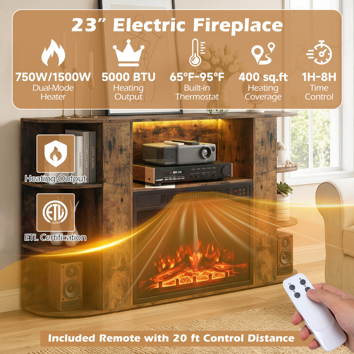 23â Electric Fireplace and 50â Fireplace TV Stand with RGB Lights for Living Room