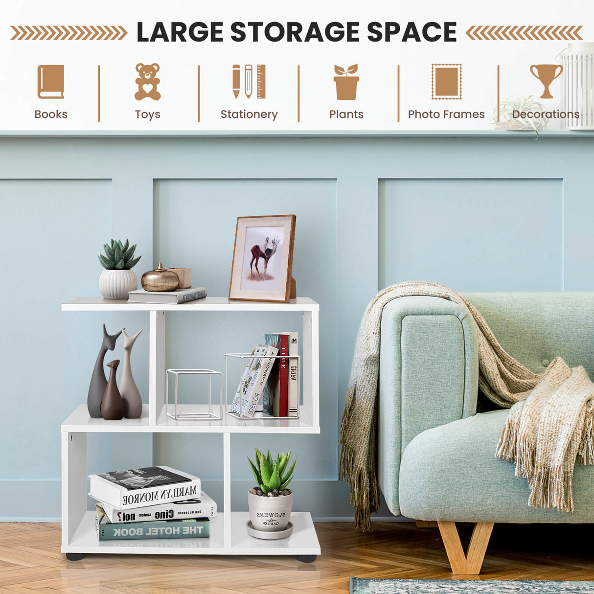 24 Inch 3-Tier Geometric Bookshelf with Thick Foot Pads