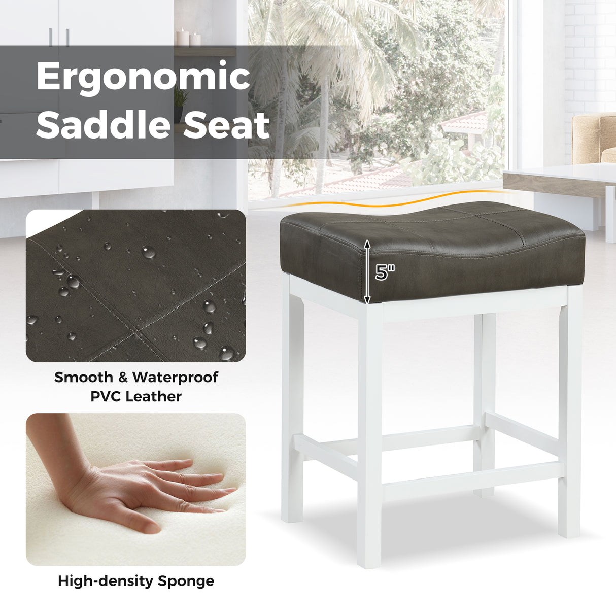 24.5 Inches Linen Fabric Saddle Stools Set of 2 with Cushioned Seat-Black and White