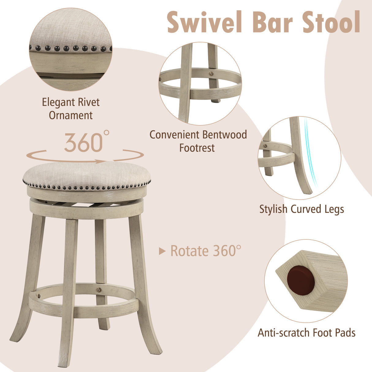 24/26 Inches Swivel Bar Stools Set of 2 wth Wooden Frame