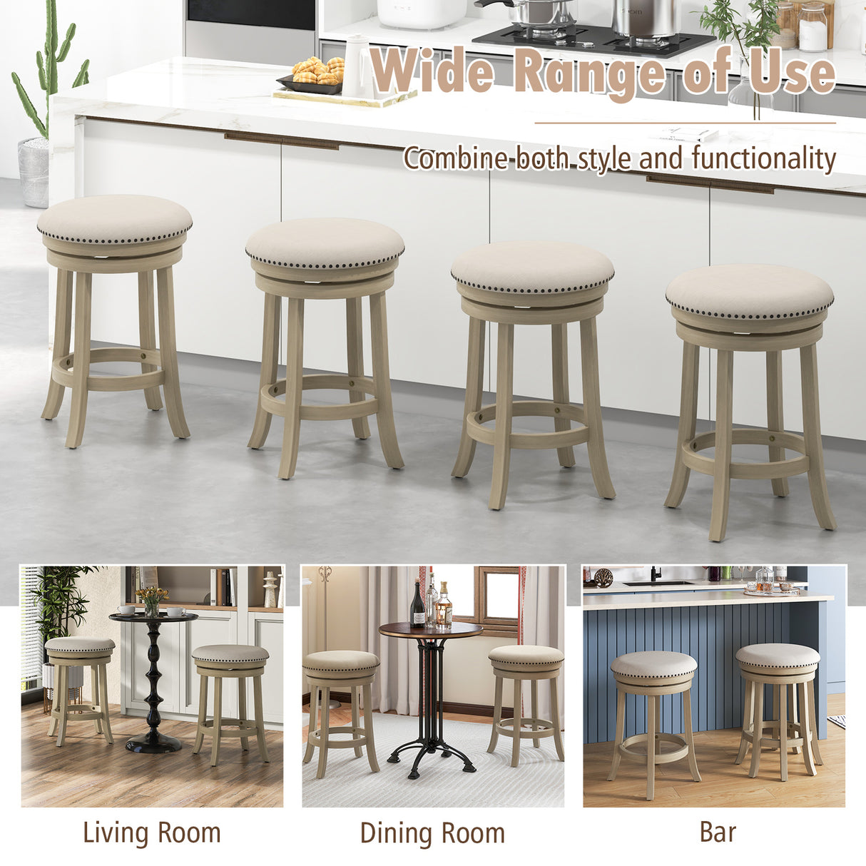 24/26 Inches Swivel Bar Stools Set of 2 wth Wooden Frame