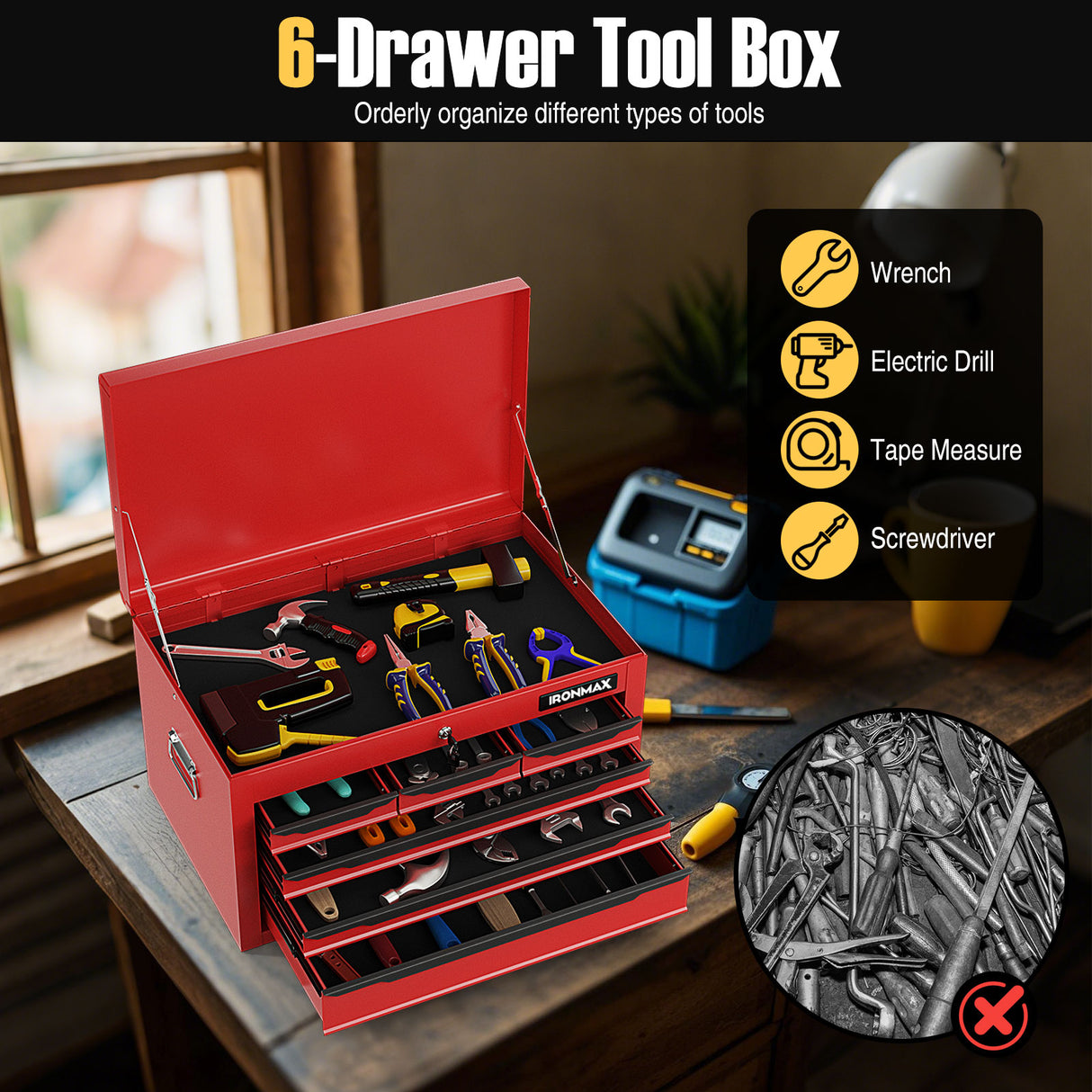 24 Inch Tool Chest Case with 6 Drawers and Top Storage for Garage Repair Shop & Warehouse