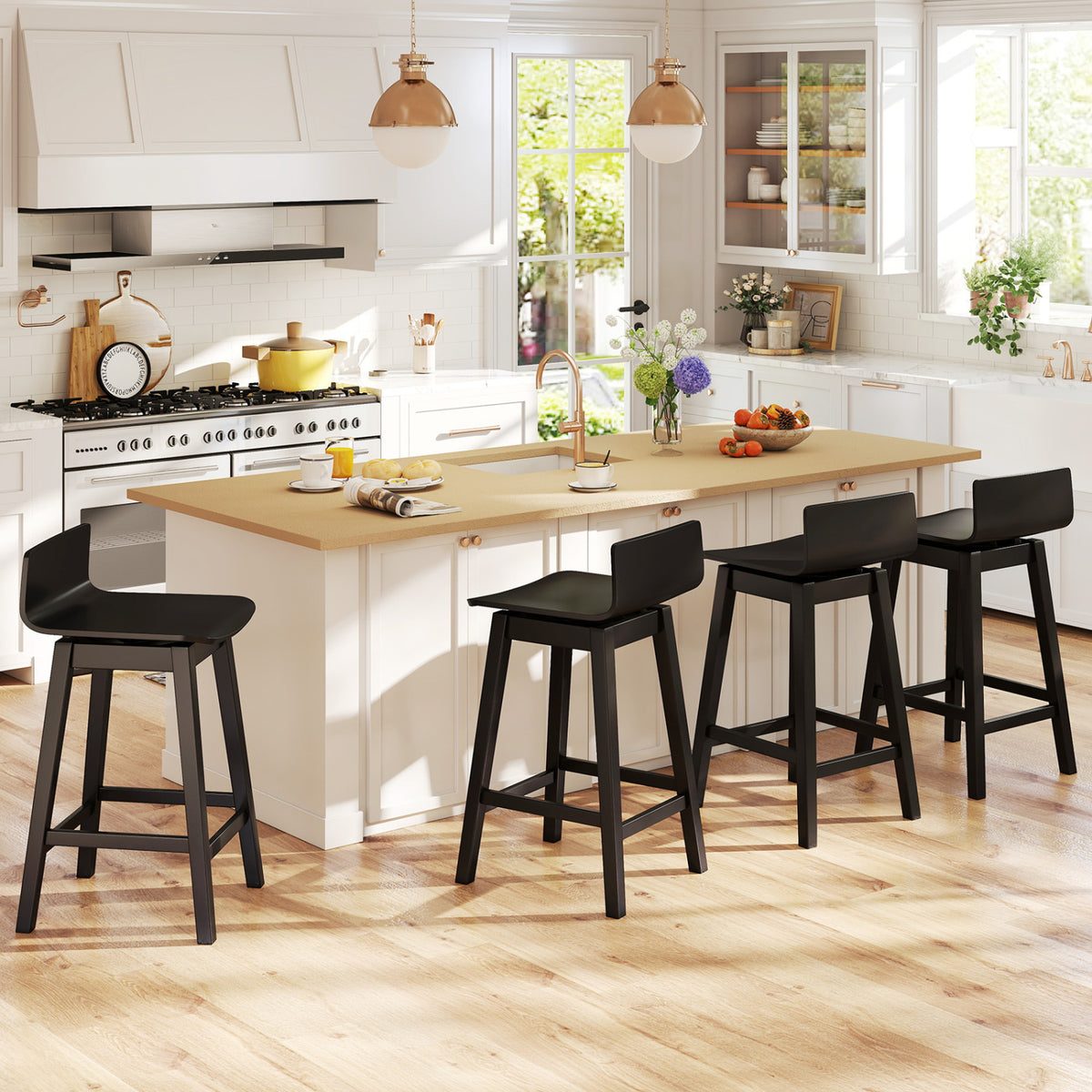 Swivel Wooden Bar Stools Set of 4 with Rubber Wood Legs and Low Back