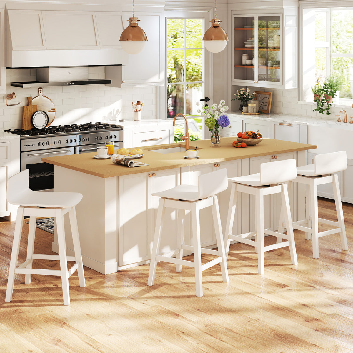 Swivel Wooden Bar Stools Set of 4 with Rubber Wood Legs and Low Back