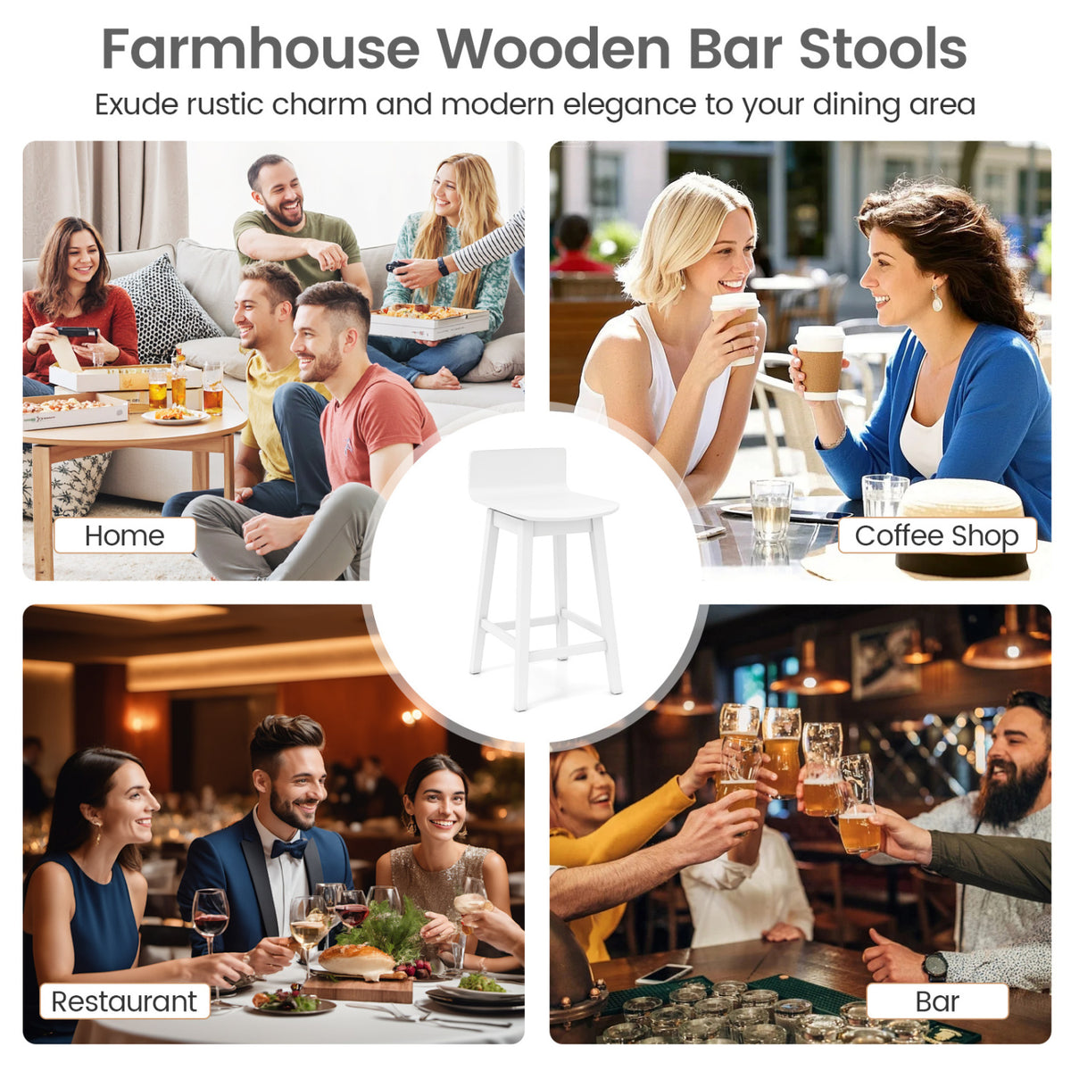 Swivel Wooden Bar Stools Set of 4 with Rubber Wood Legs and Low Back