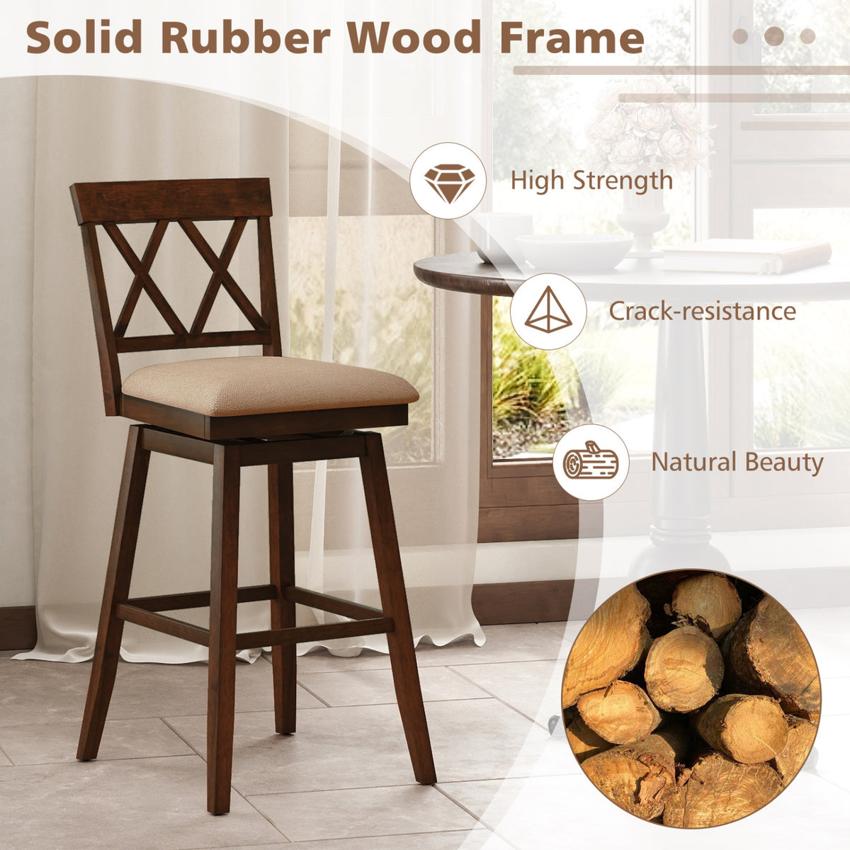 Counter Height Barstools Set of 2 with Backrest and Seat Cushion-29/Cushion-24 inches/Inches