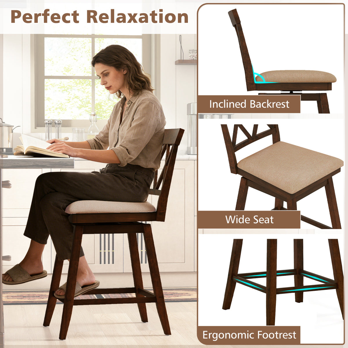 Counter Height Barstools Set of 4 with Backrest and Upholstered Seat Cushion-29/Cushion-24 inch/Inch