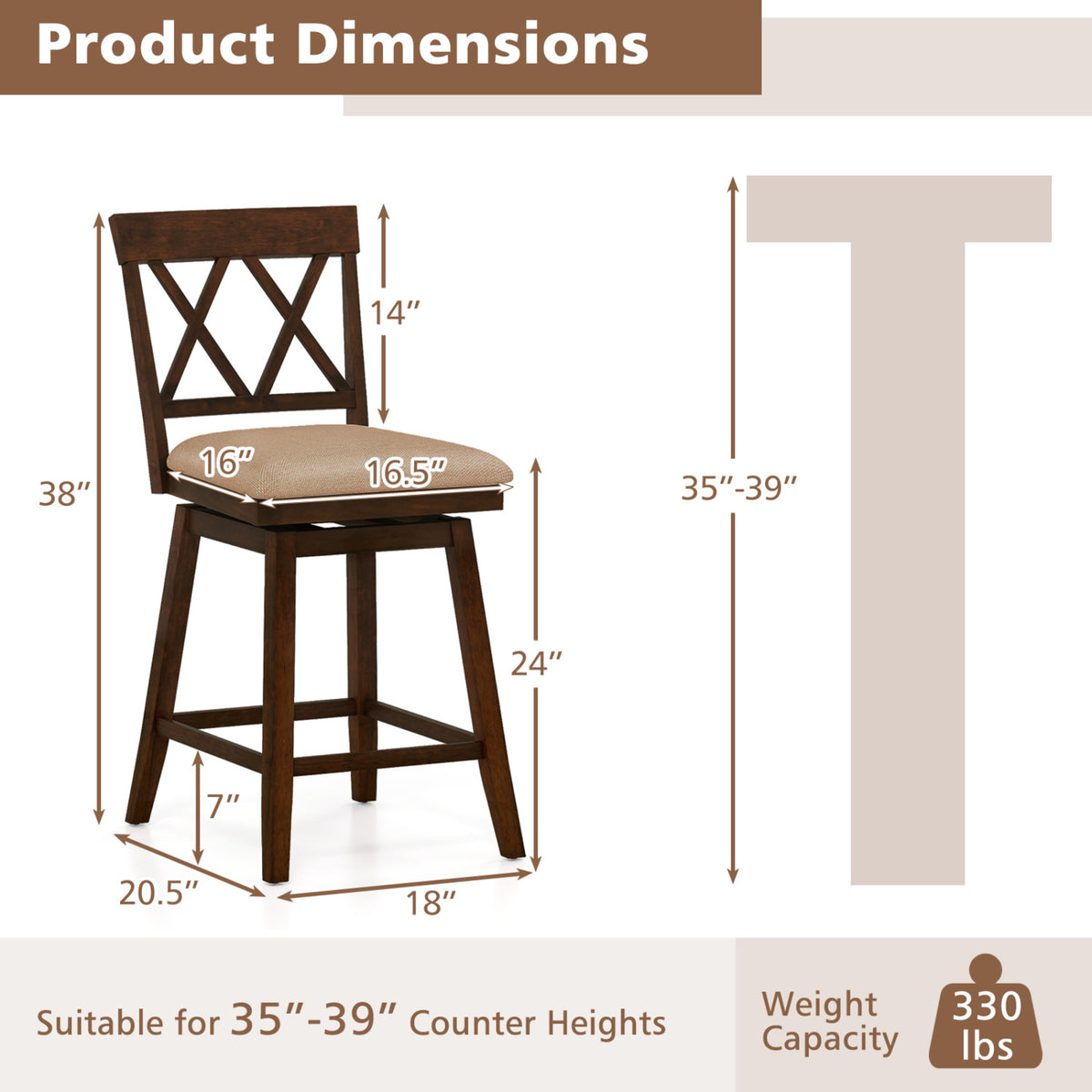 Counter Height Barstools Set of 4 with Backrest and Upholstered Seat Cushion-29/Cushion-24 inch/Inch