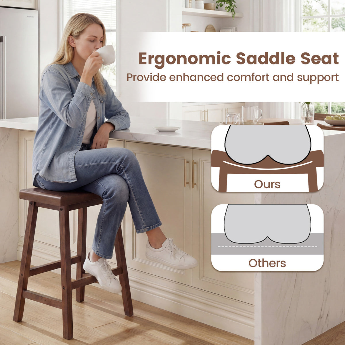 Counter Height Stools Solid Wood Saddle Bar Stools Set of 2