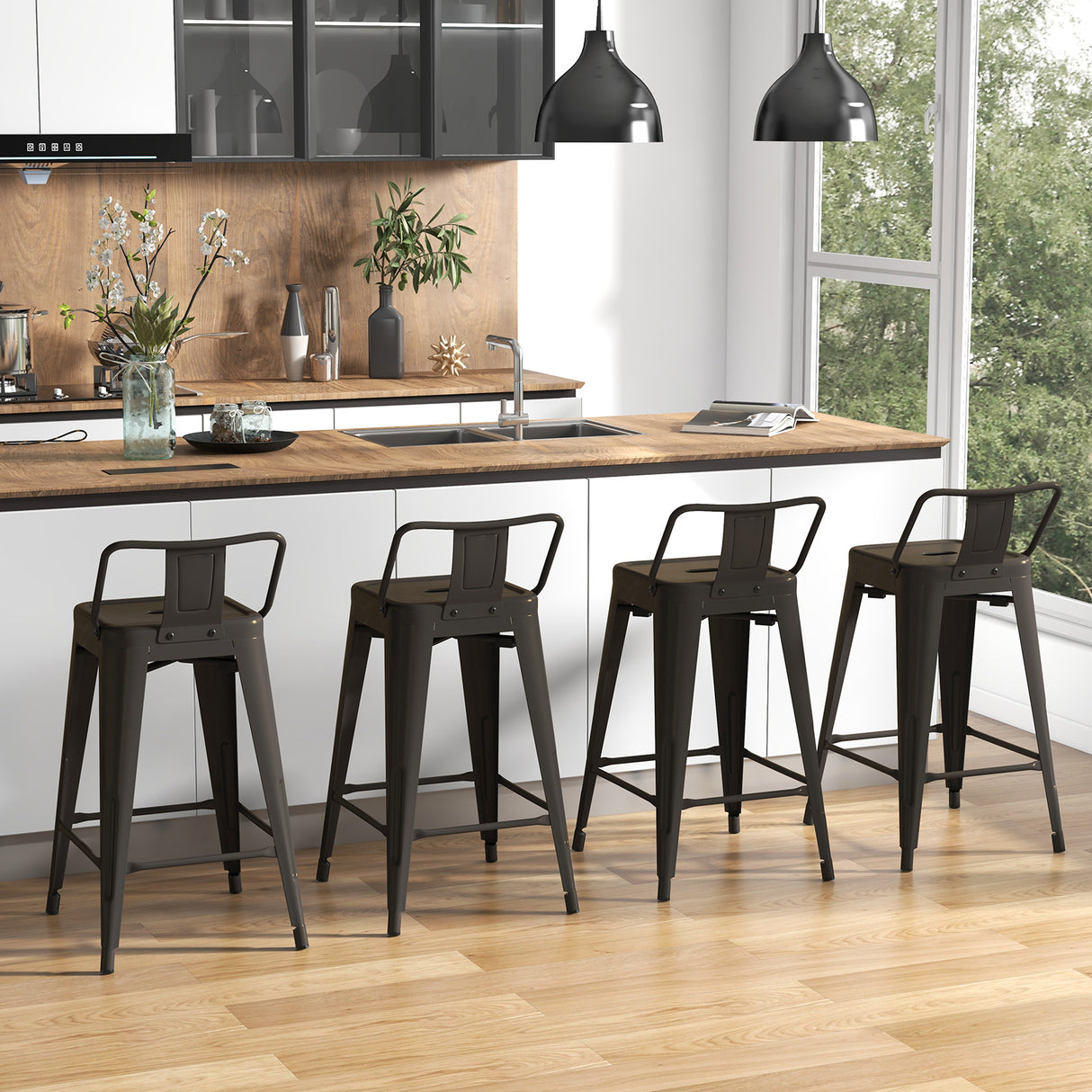 24 Inch Set of 4 Cafe Side Chairs with Rubber Feet and Removable Backs-Gun