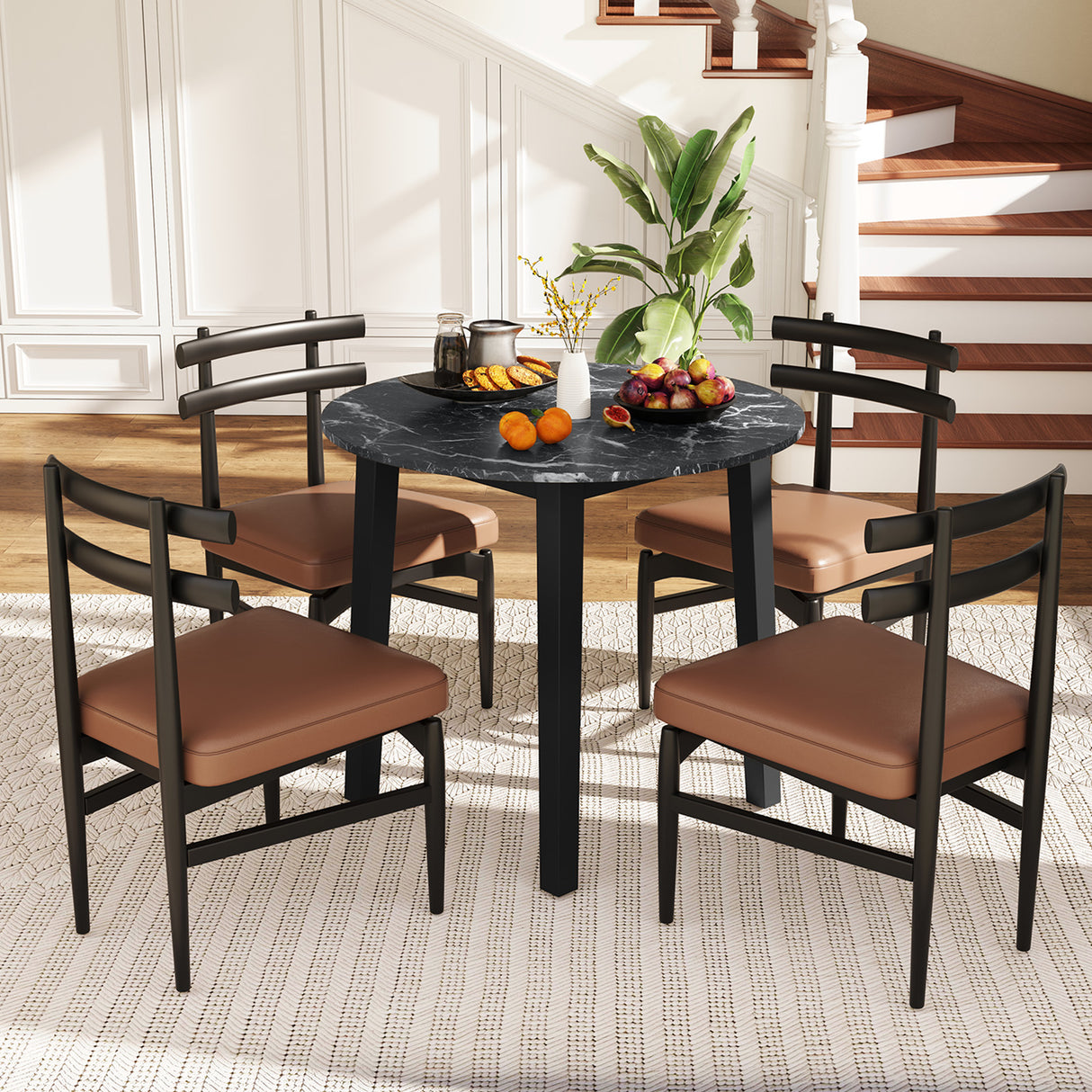 35 Inch Round Dining Table with Rubber Wood Legs and Marble-textured Veneer Tabletop
