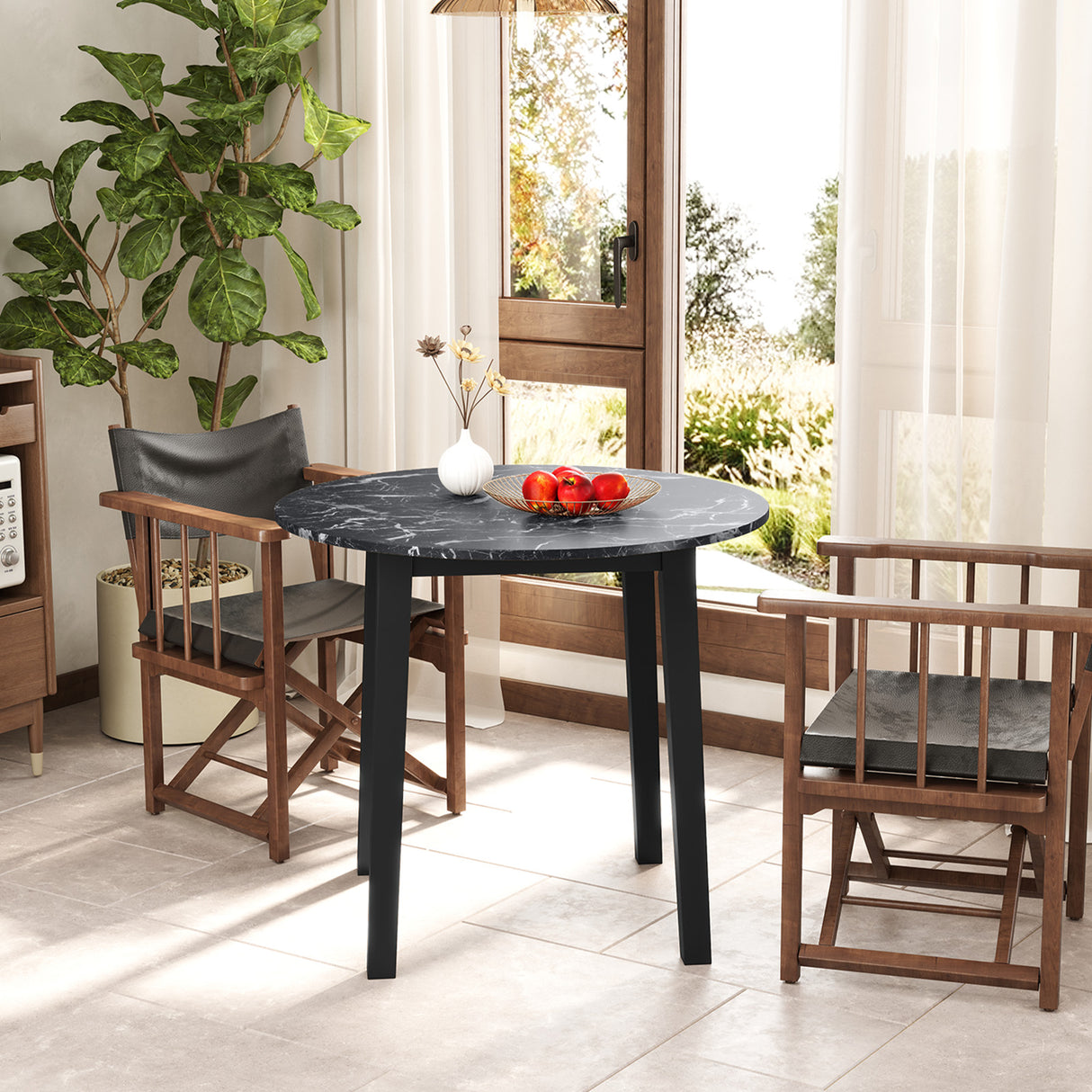 35 Inch Round Dining Table with Rubber Wood Legs and Marble-textured Veneer Tabletop