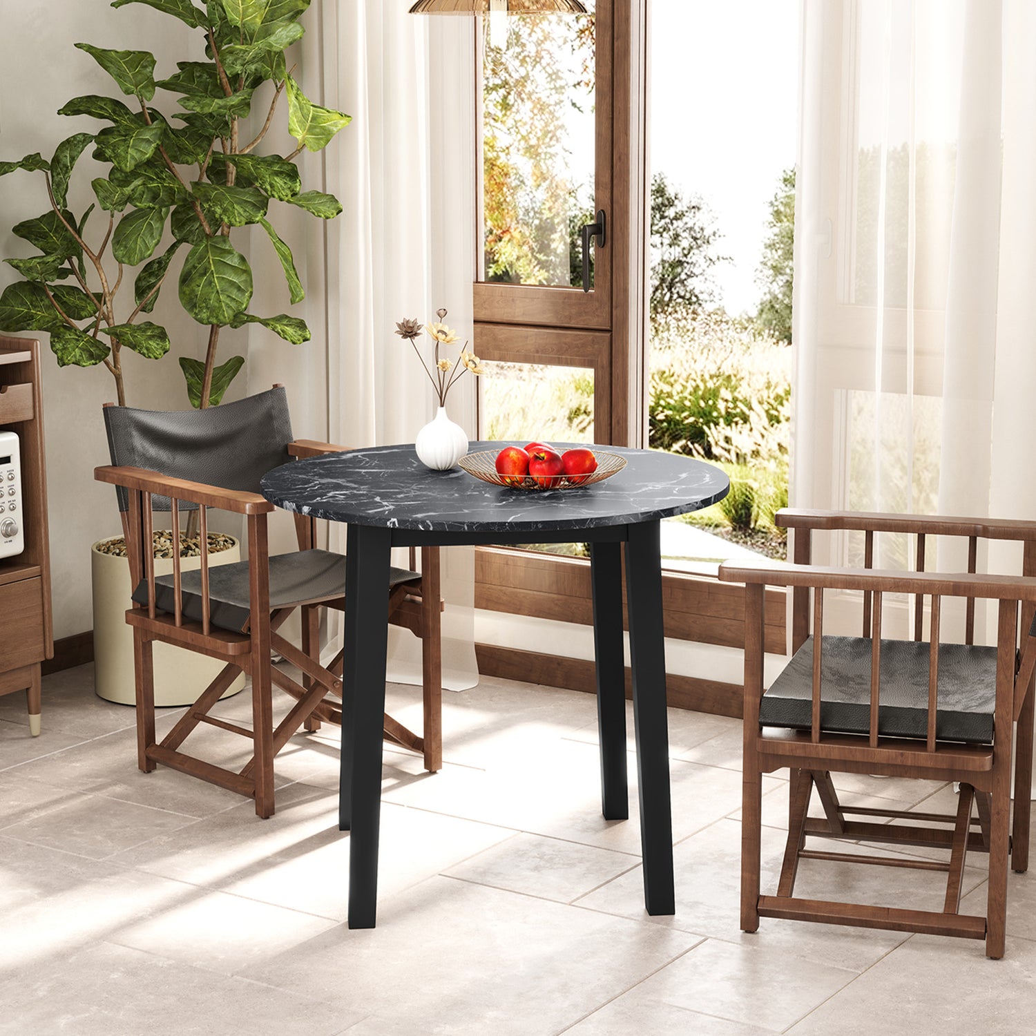 35 Inch Round Dining Table with Rubber Wood Legs and Marble-textured Veneer Tabletop