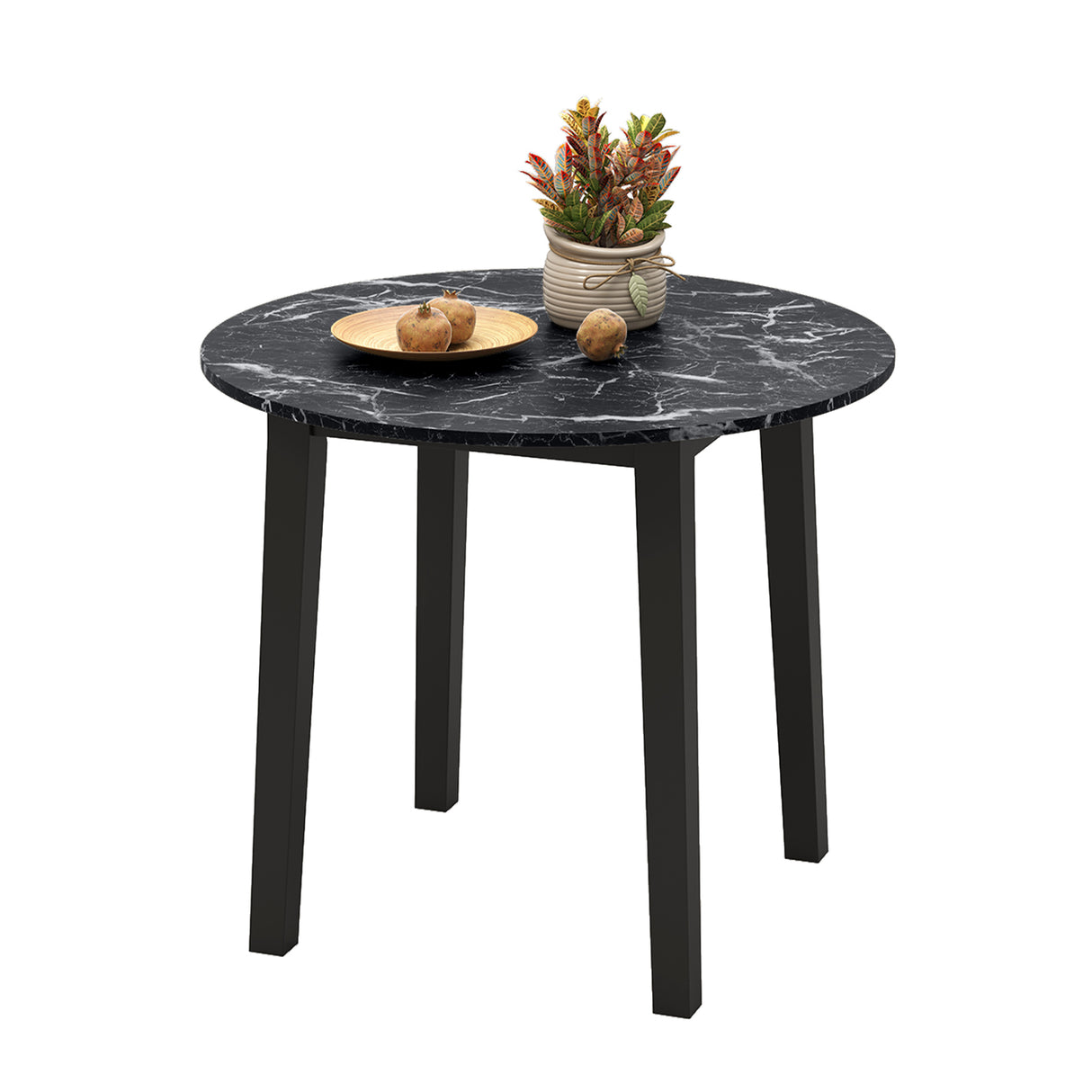 35 Inch Round Dining Table with Rubber Wood Legs and Marble-textured Veneer Tabletop