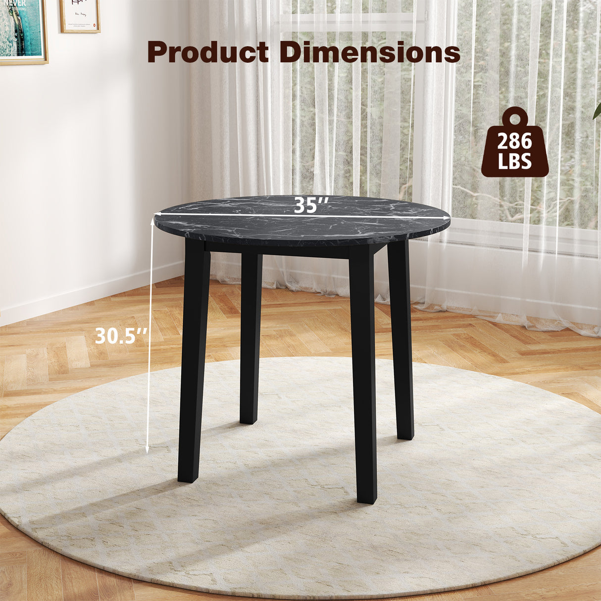 35 Inch Round Dining Table with Rubber Wood Legs and Marble-textured Veneer Tabletop