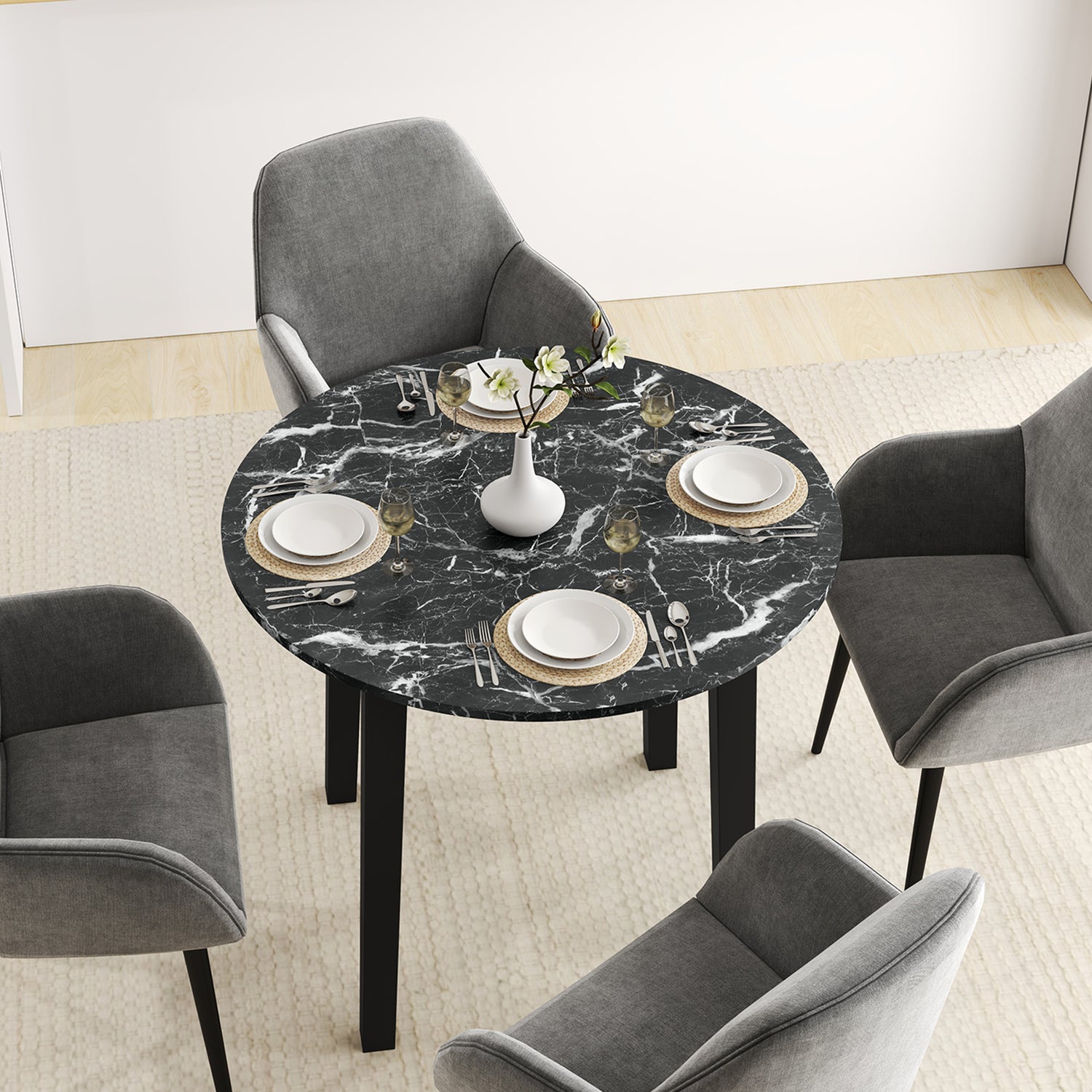 35 Inch Round Dining Table with Rubber Wood Legs and Marble-textured Veneer Tabletop