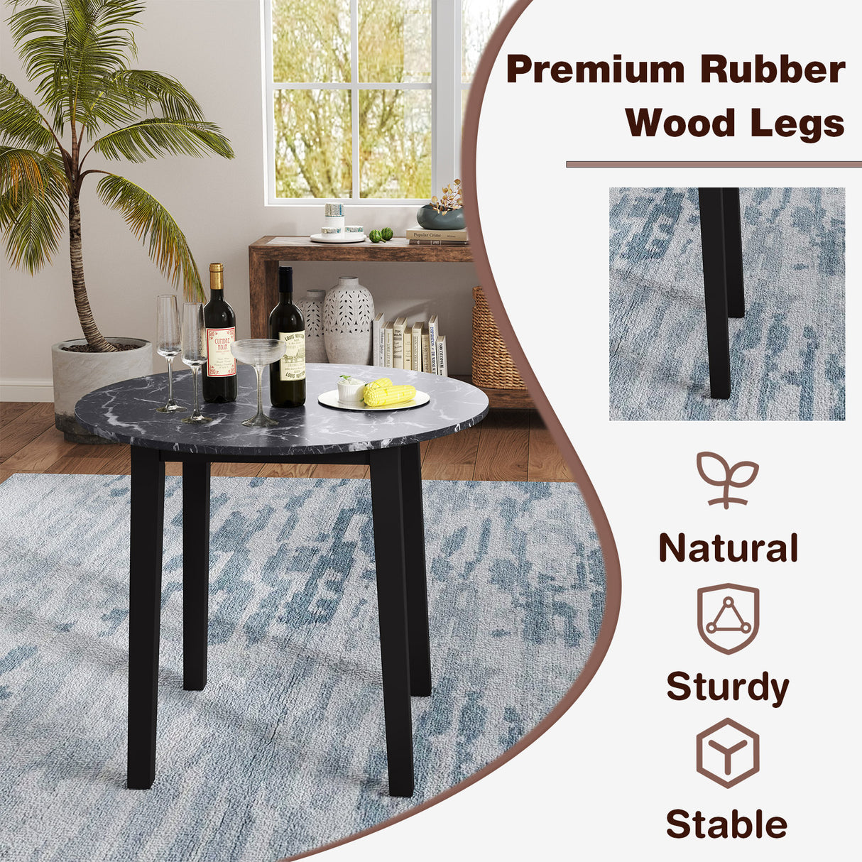 35 Inch Round Dining Table with Rubber Wood Legs and Marble-textured Veneer Tabletop