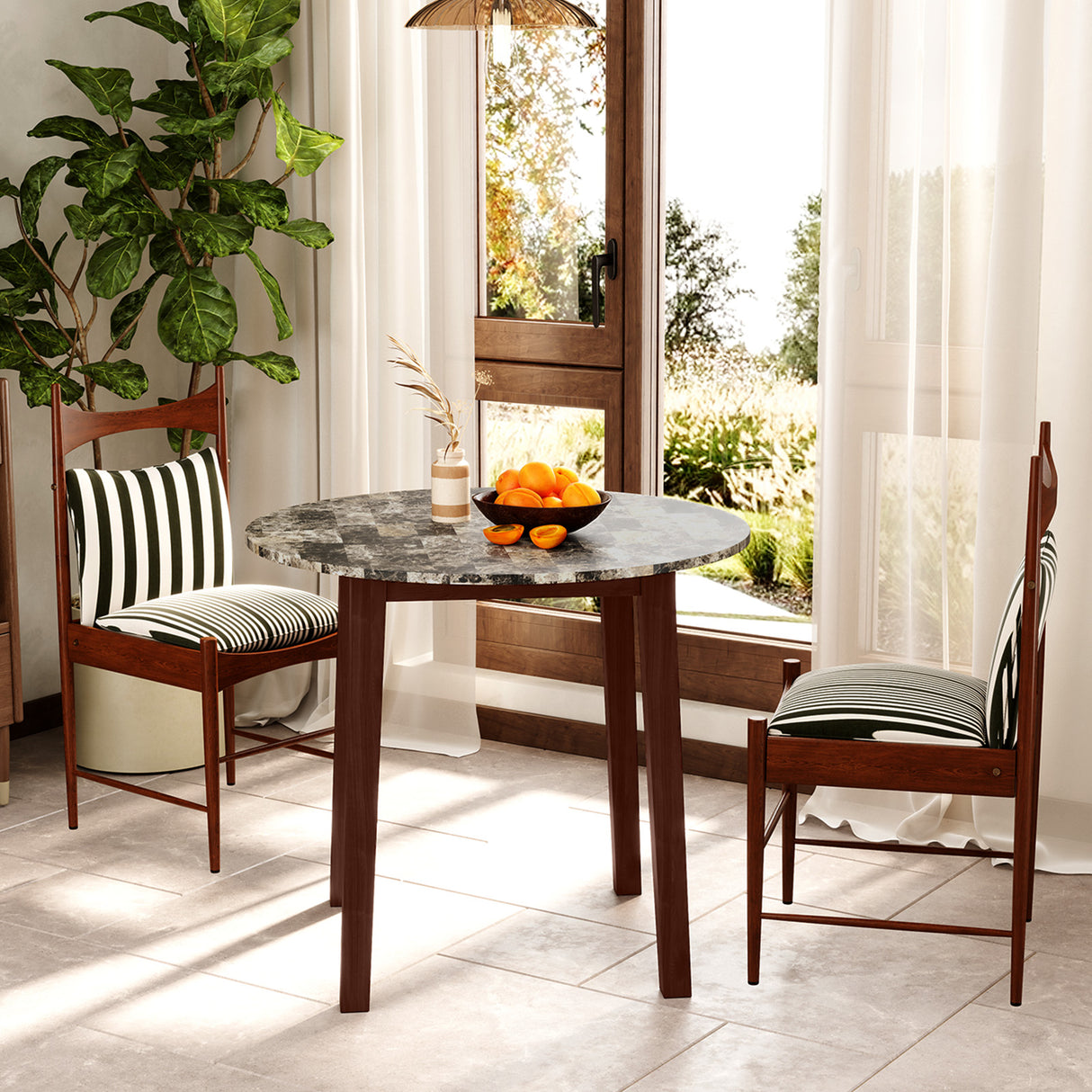 35 Inch Round Dining Table with Rubber Wood Legs and Marble-textured Veneer Tabletop