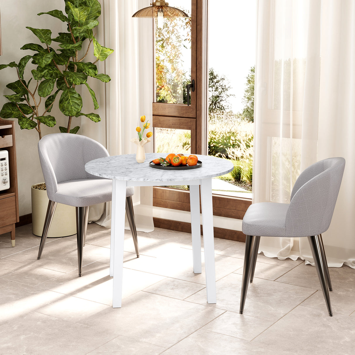 35 Inch Round Dining Table with Rubber Wood Legs and Marble-textured Veneer Tabletop