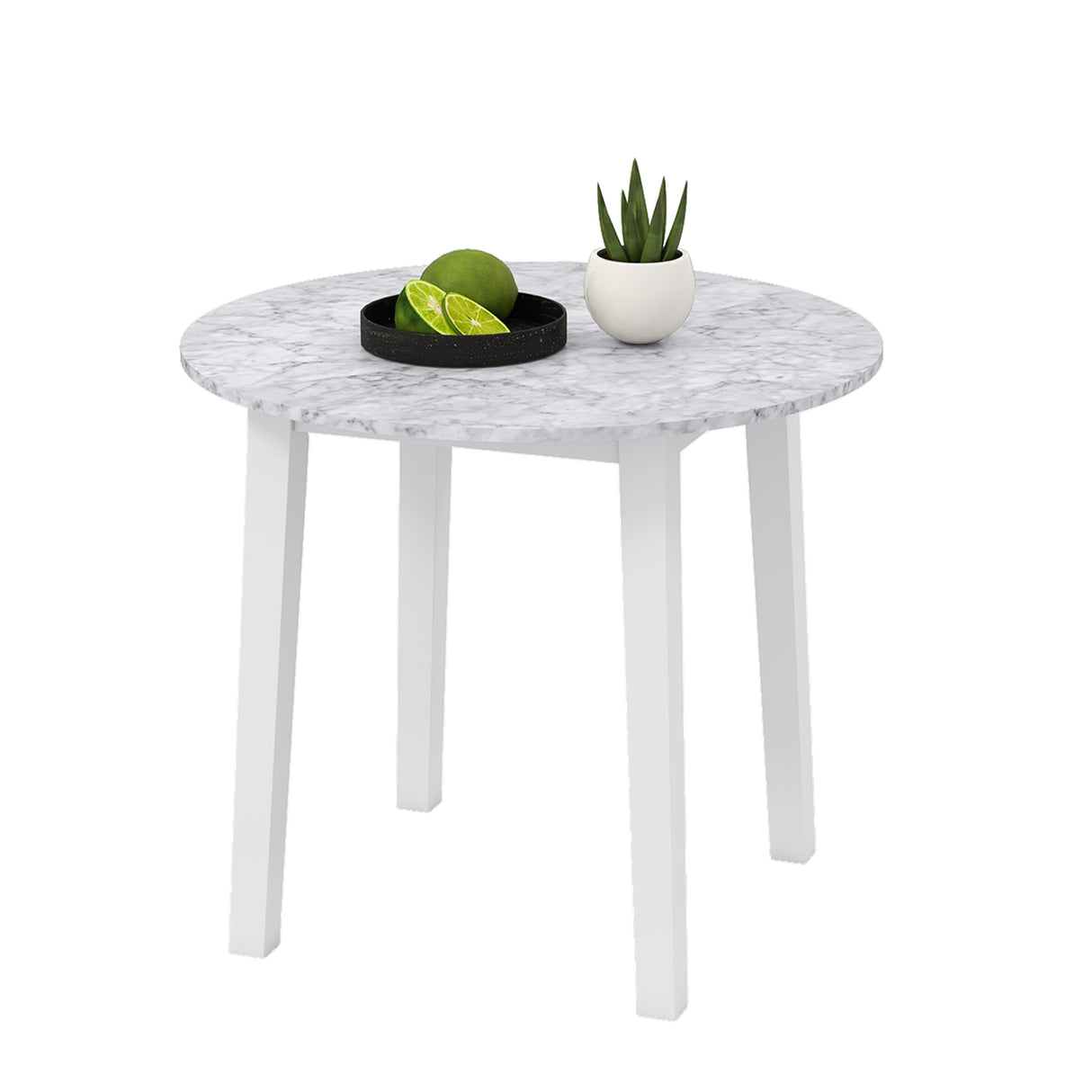 35 Inch Round Dining Table with Rubber Wood Legs and Marble-textured Veneer Tabletop