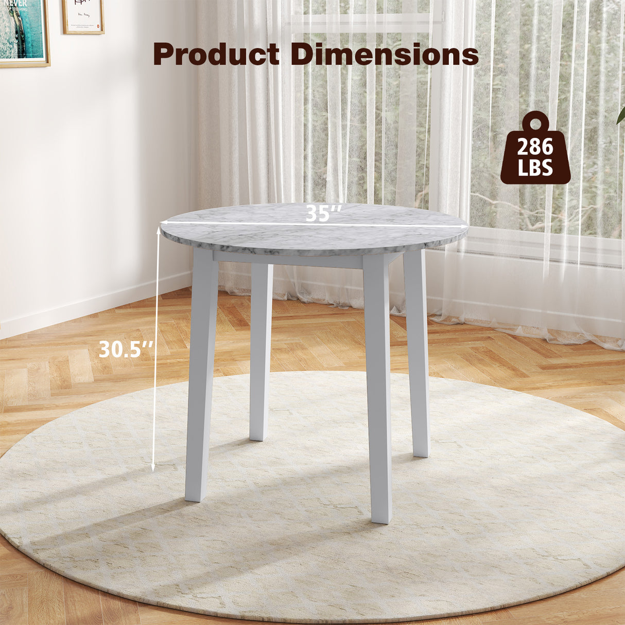 35 Inch Round Dining Table with Rubber Wood Legs and Marble-textured Veneer Tabletop